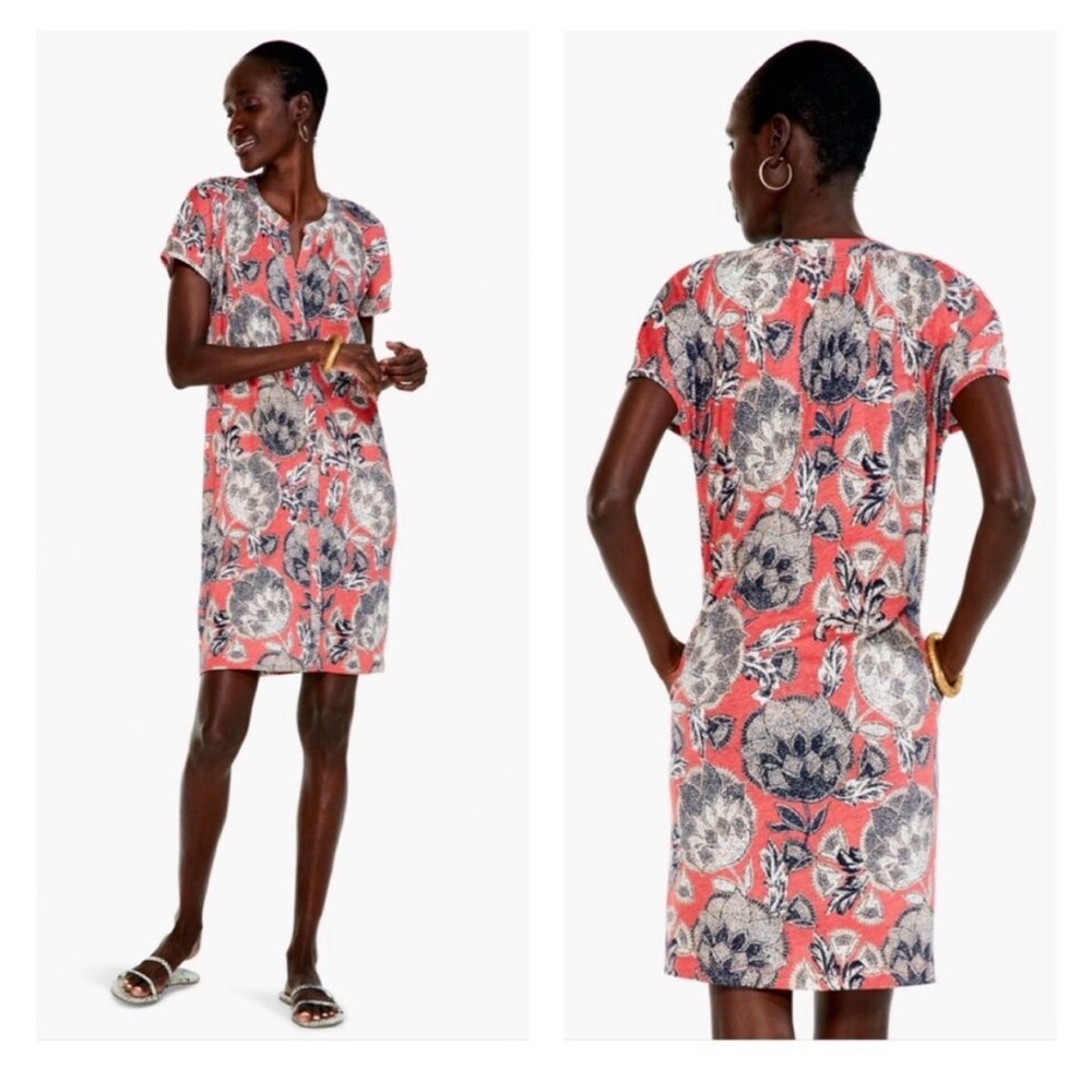 NIC+ZOE Island Petals Split Round Neckline Shift Dress Women's M Red Multi